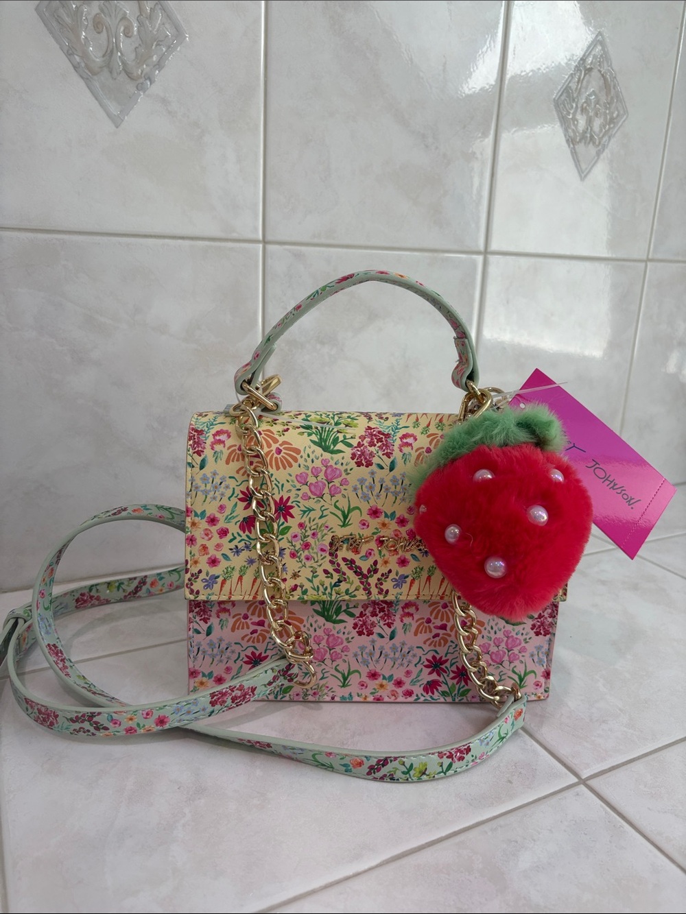 Betsey Johnson Yellow Floral Satchel with Crossbody Straps and Strawberry Charm